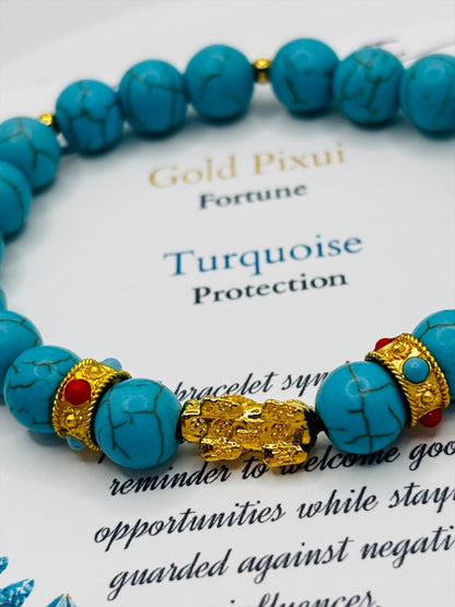 18K Gold Lucky Piyao/ Pi Xiu Blue Turquoise Bracelet ( Hollow Empty Inside) Small