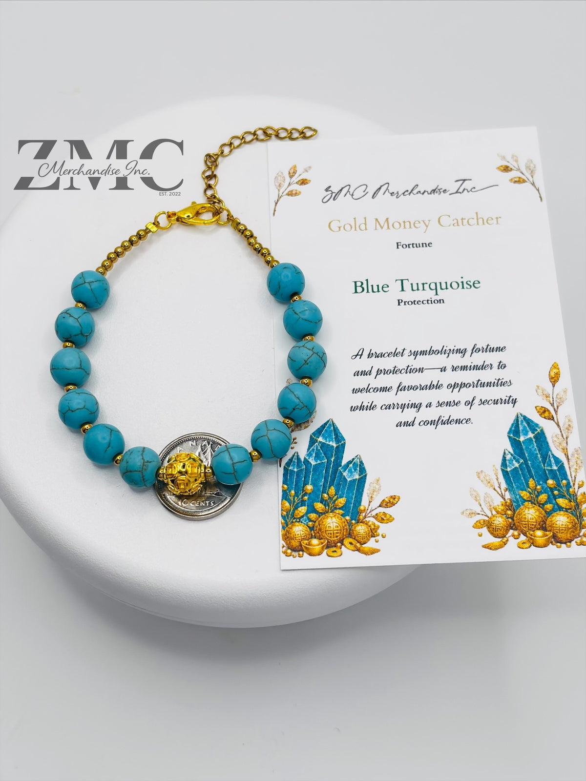 18K Gold  Lucky Money Catcher Ball Blue Turquoise Bracelet  ( Hollow Empty Inside)