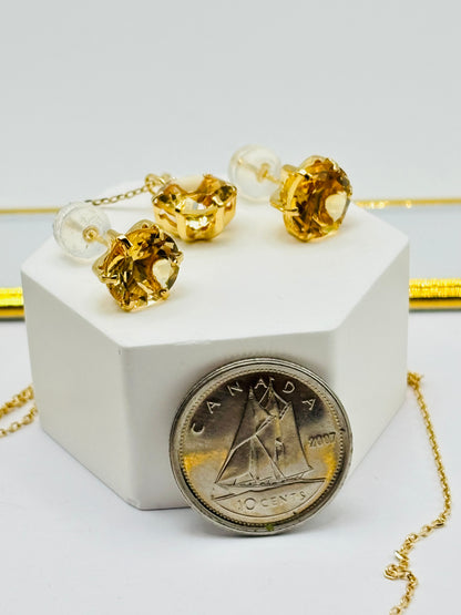 18K Gold Necklace with Natural Citrine Pendant and Earrings Set
