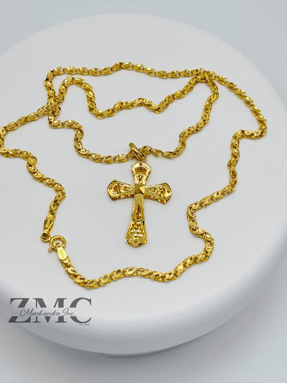 18K Gold Slim Damascus Cross Necklace