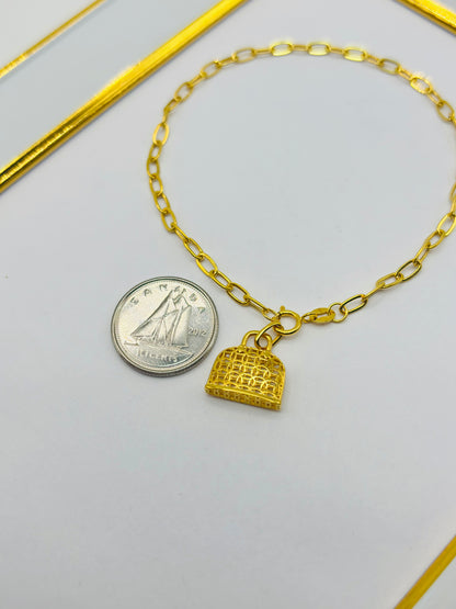 18K Gold Small Link Paperclip Bracelet with Money  Catcher Bag Charm Set