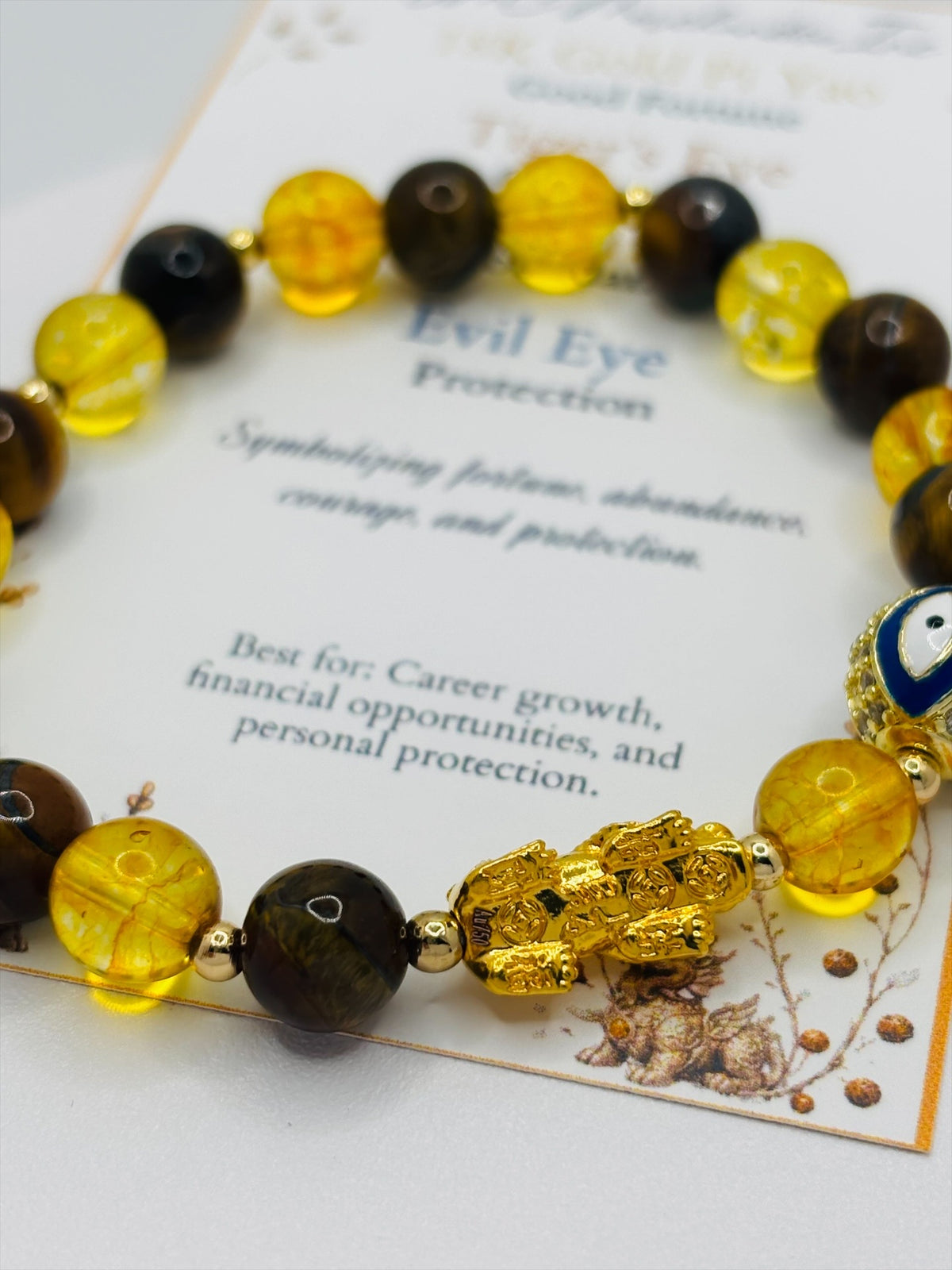 18K Gold Lucky Piyao/ Pi Xiu Tiger Eye Citrine Evil Eye Bracelet ( Hollow Empty Inside) Medium