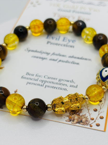 18K Gold Lucky Piyao/ Pi Xiu Tiger Eye Citrine Evil Eye Bracelet ( Hollow Empty Inside) Medium