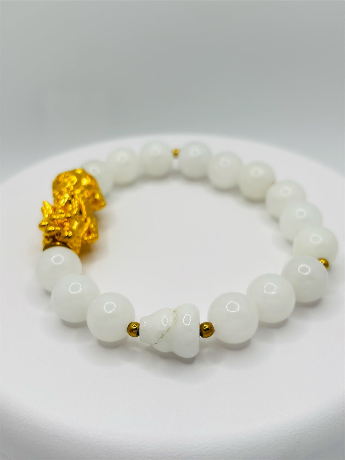 18K Gold Lucky Piyao/ Pi Xiu Bottle Gourd White Jade Bracelet( Hollow Empty Inside) XXL PIYAO