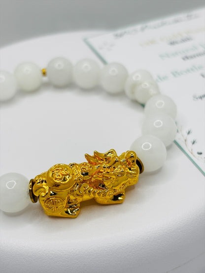 18K Gold Lucky Piyao/ Pi Xiu Bottle Gourd White Jade Bracelet( Hollow Empty Inside) XXL PIYAO