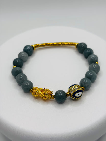 18K Gold Lucky Piyao/ Pi Xiu Burma Green Jasper Evil Eye Bracelet ( Hollow Empty Inside) Medium