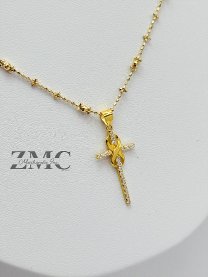 18K Gold Mirror Ball Cross Necklace