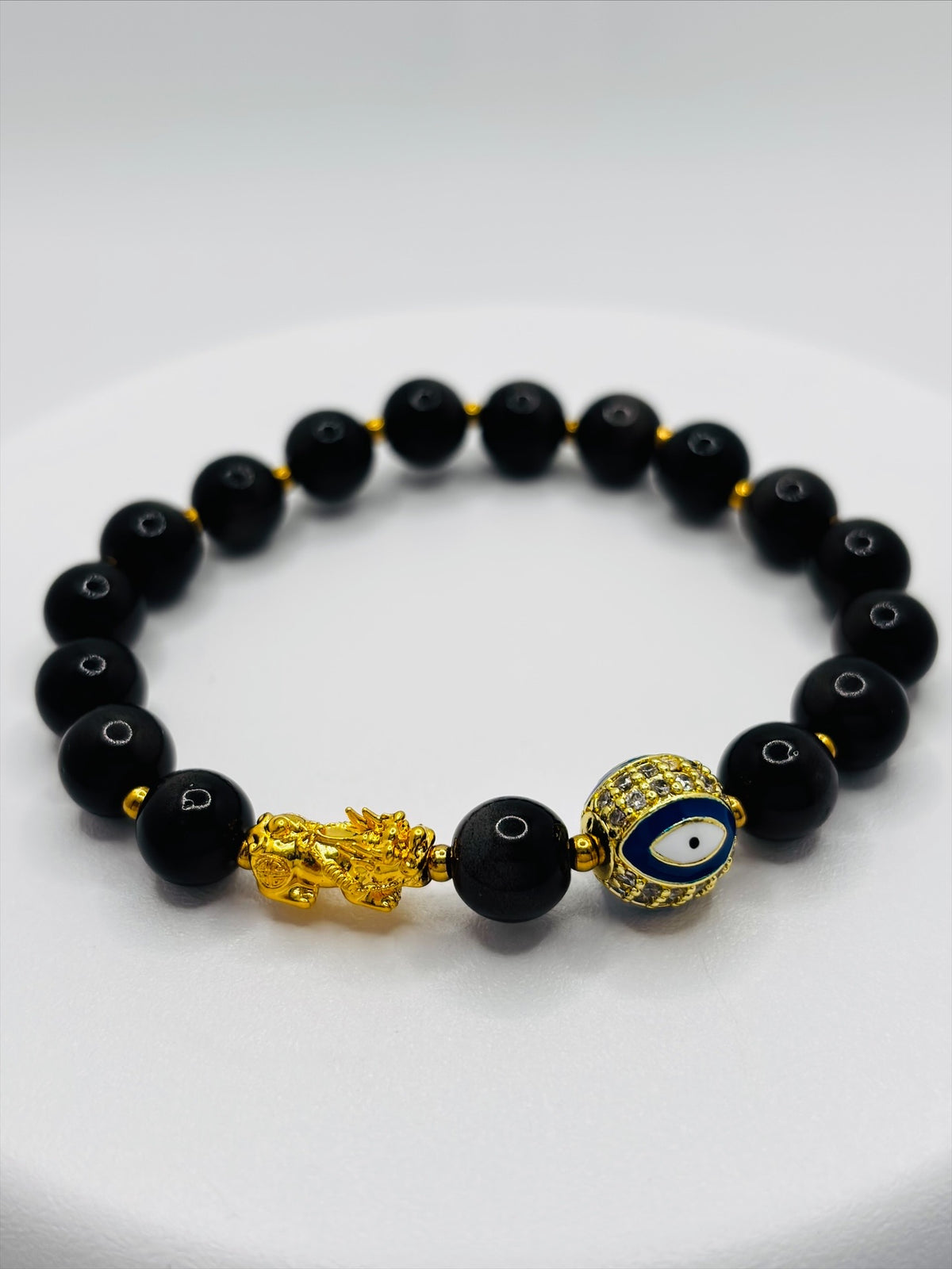 18K Gold Lucky Piyao/ Pi Xiu Gold Sheen Obsidian Evil Eye Bracelet ( Hollow Empty Inside) Small