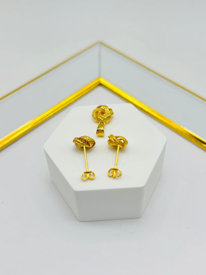 18K Gold Knot Earrings and Pendant Set
