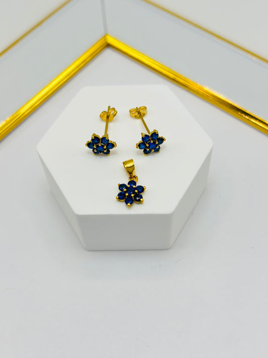 18K Gold Flower Stone Earrings and Pendant Set (Blue)