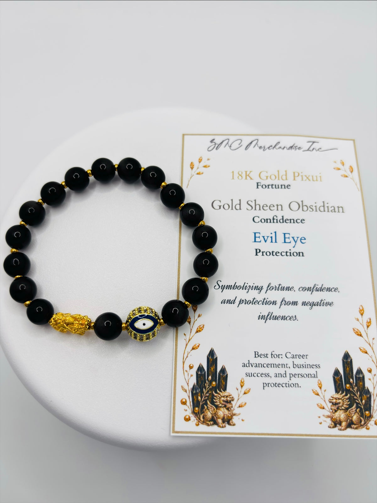 18K Gold Lucky Piyao/ Pi Xiu Gold Sheen Obsidian Evil Eye Bracelet ( Hollow Empty Inside) Small