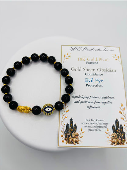 18K Gold Lucky Piyao/ Pi Xiu Gold Sheen Obsidian Evil Eye Bracelet ( Hollow Empty Inside) Small