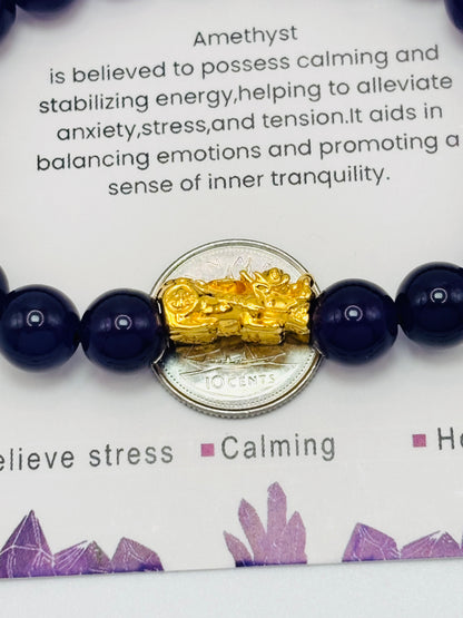 18K Gold Lucky Piyao/ Pi Xiu Black Amethyst Stone ( Hollow Empty Inside) Medium Size