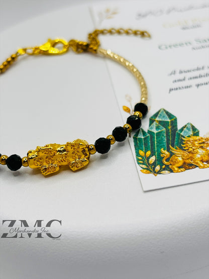 18K Gold Lucky Piyao/ Pi Xiu Green Sandstone Bracelet ( Hollow Empty Inside) Medium