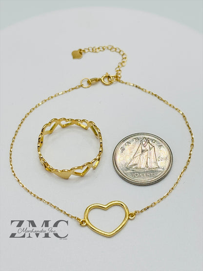 18K Gold Open Heart Ring and Bracelet Set