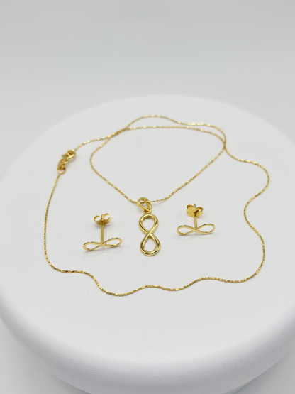 18K Gold Infinity Earrings and Necklace Set