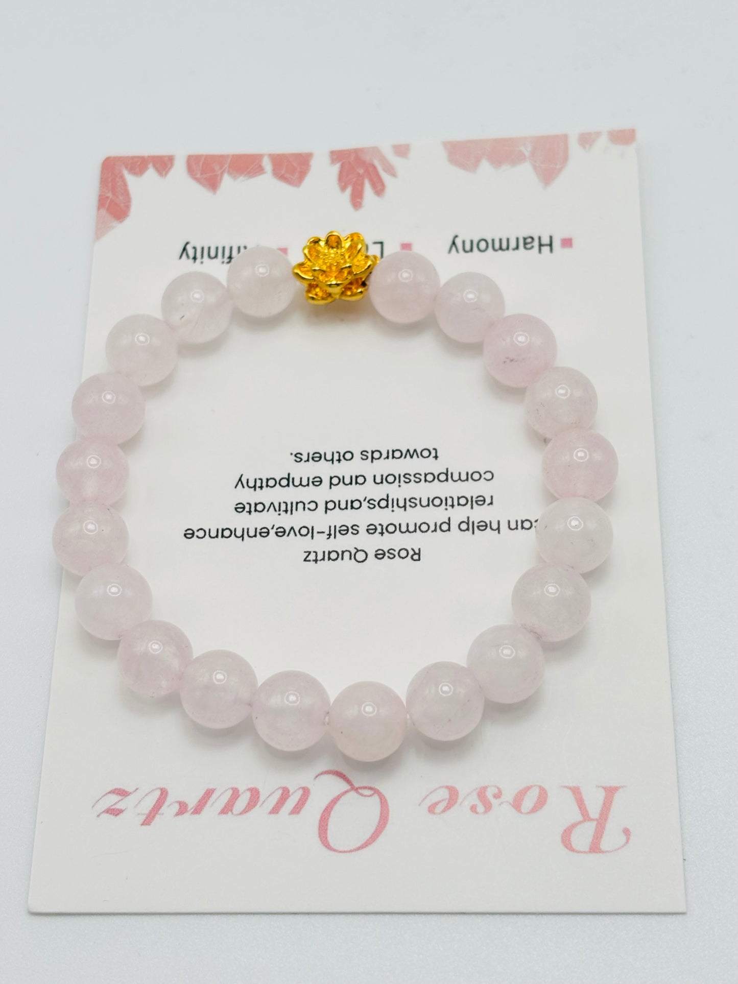 18K Gold Lucky Lotus Flower Bracelet Rose Quartz Stone ( Hollow Empty Inside)