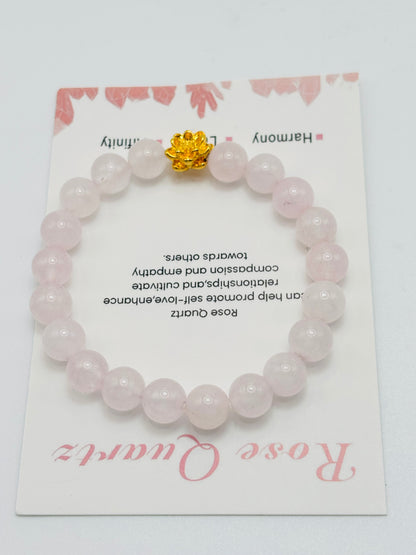 18K Gold Lucky Lotus Flower Bracelet Rose Quartz Stone ( Hollow Empty Inside)