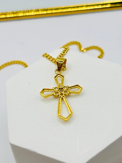 18K Gold Curb Chain with Cross Flower Pendant Set
