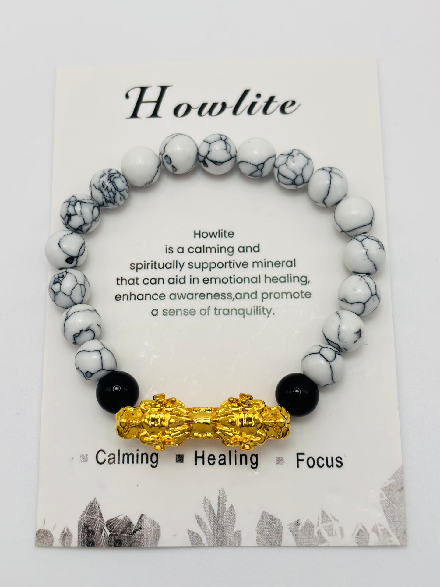 18K Gold Lucky Dragon Bracelet Howlite, Black Obsidian Stone ( Hollow Empty Inside) XXL