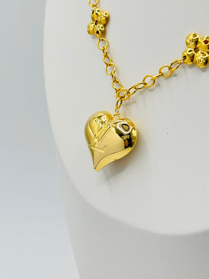 18K Gold Flower Attached Heart Necklace