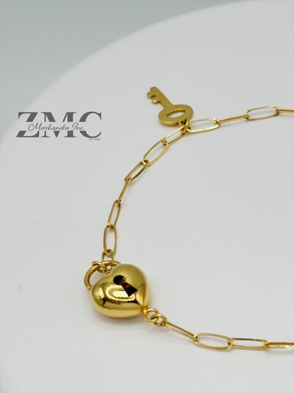 18K Gold Heart and Key Bracelet