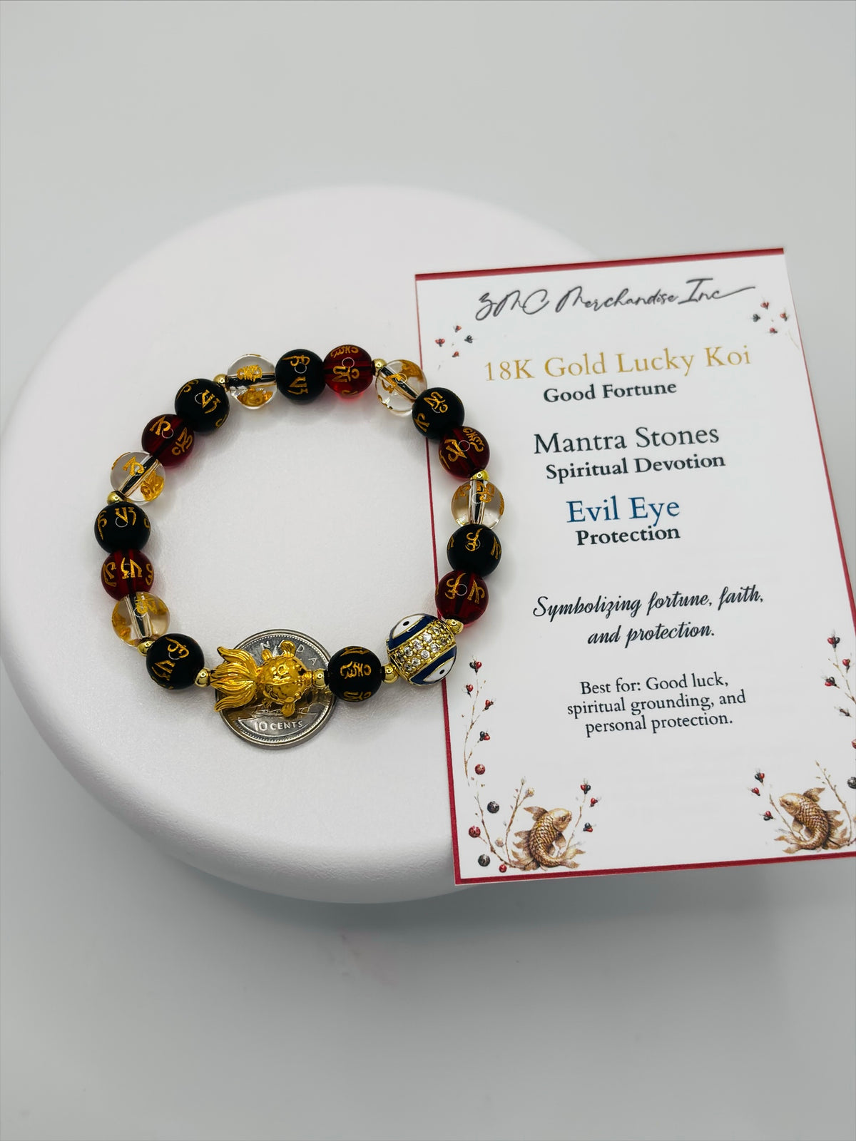 18K Gold Lucky  Koi Fish White/Black/Red Mantra Evil Eye Bracelet  ( Hollow Empty Inside)
