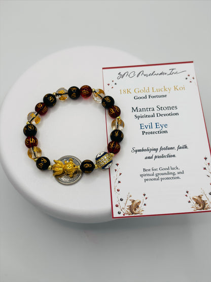 18K Gold Lucky  Koi Fish White/Black/Red Mantra Evil Eye Bracelet  ( Hollow Empty Inside)