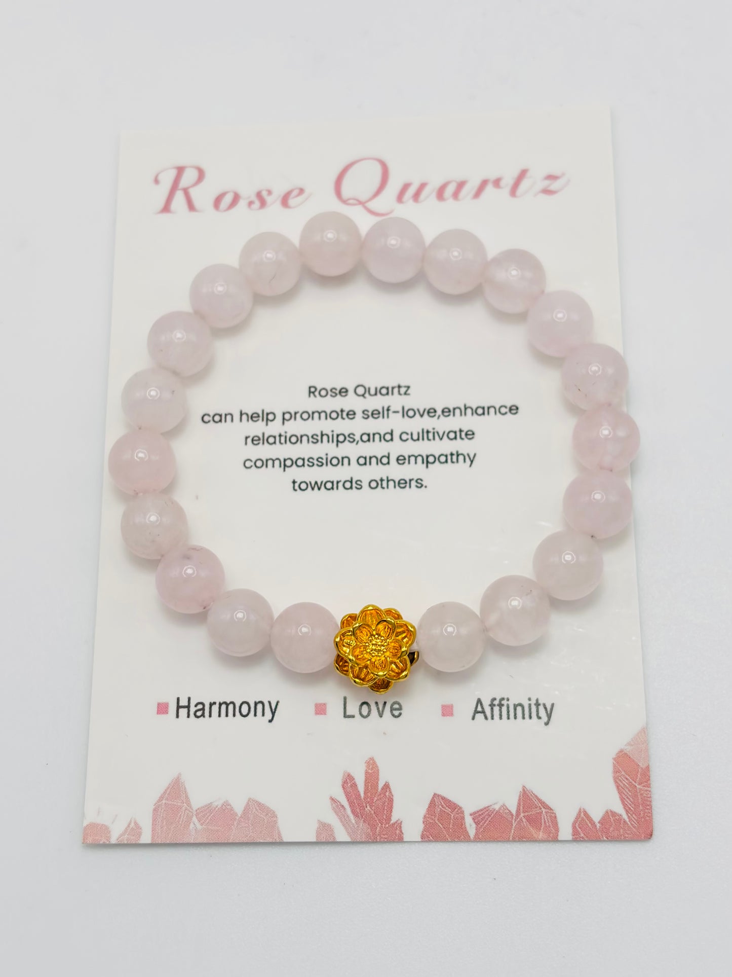 18K Gold Lucky Lotus Flower Bracelet Rose Quartz Stone ( Hollow Empty Inside)