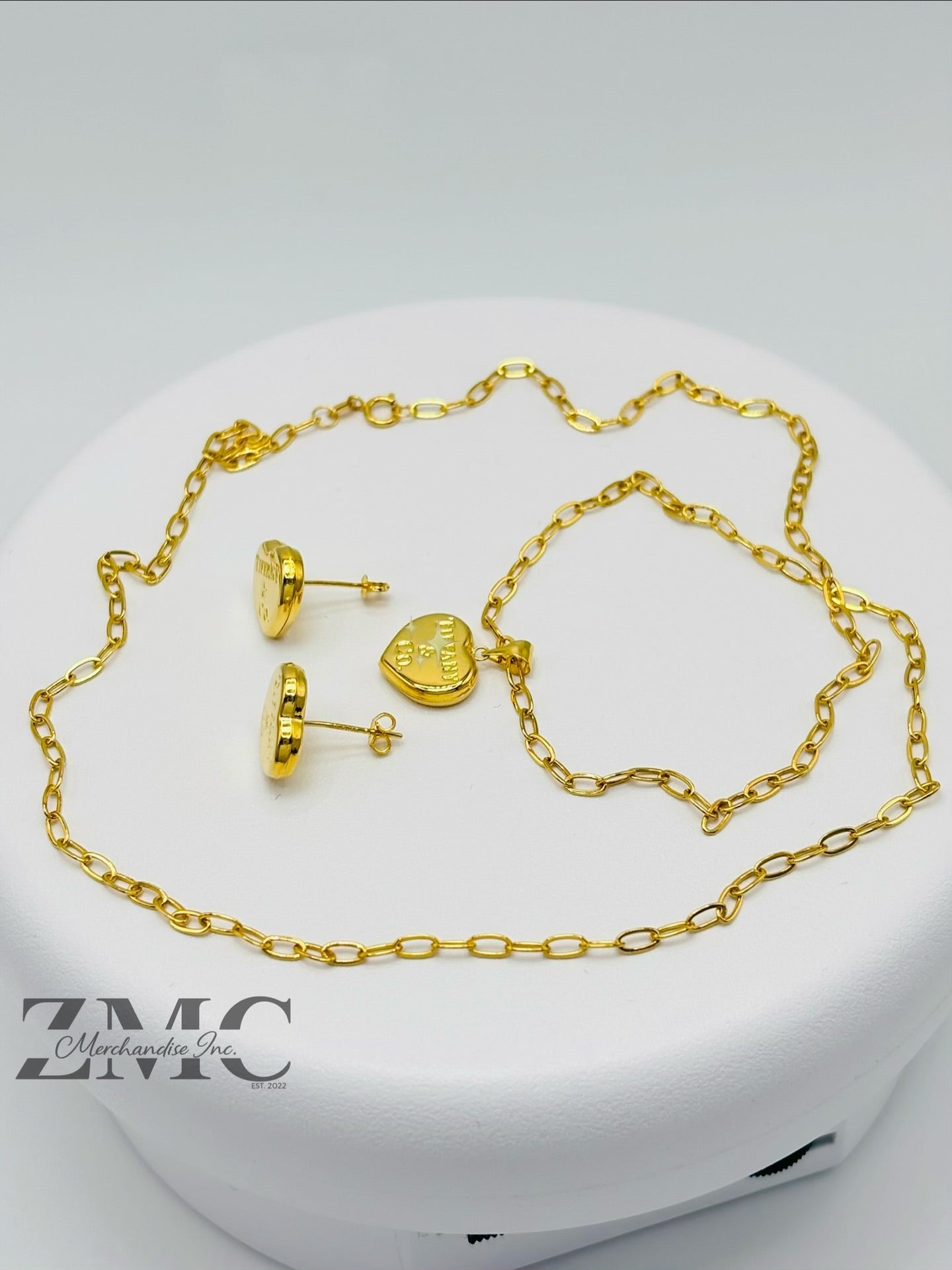 18K Gold Heart Earrings and Paperclip Necklace Set
