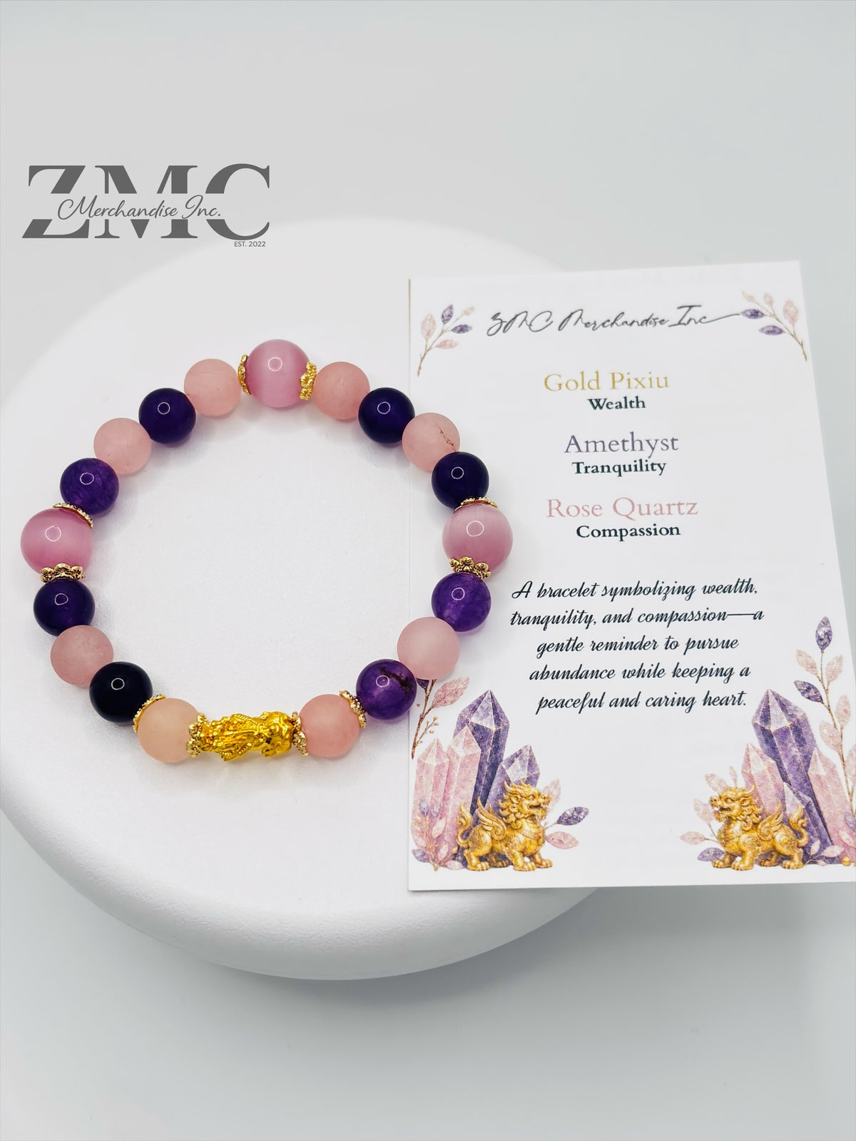 18K Gold Lucky Piyao/ Pi Xiu Rose Quartz, Amethyst Bracelet ( Hollow Empty Inside) Small