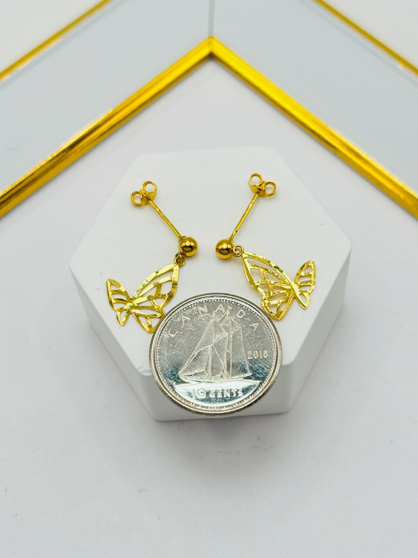 18K Gold Butterfly Stud Dangling Earrings