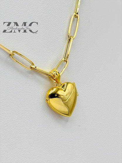 18K Gold Paperclip Heart Locket Necklace