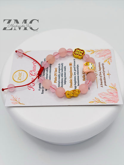 18K Gold  Lucky Piyao/ Pi Xiu Rose Quartz Matte Stone HK Kids Bracelet  ( Hollow Empty Inside) Small