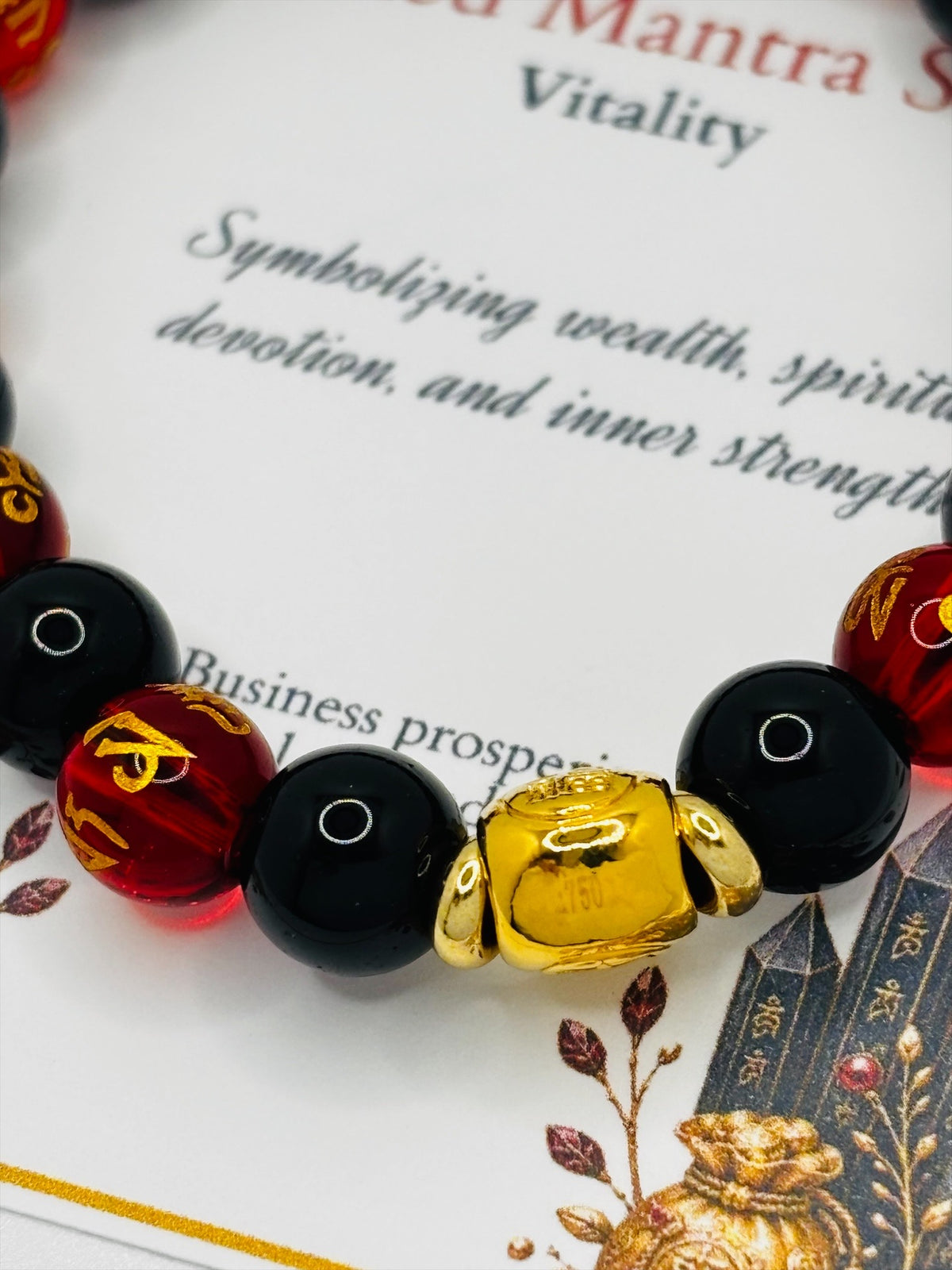 18K Gold  Lucky Money Bag Black/Red Mantra Bracelet  ( Hollow Empty Inside)