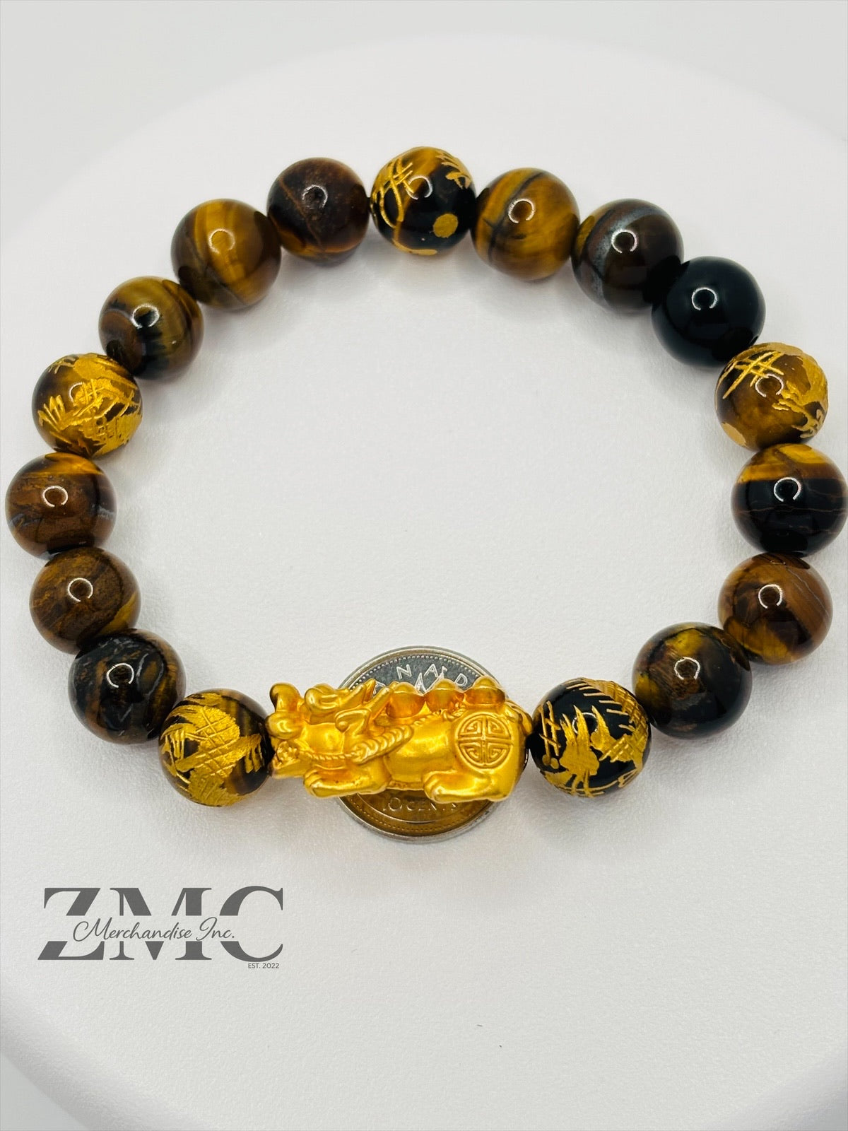 18K Gold Lucky Piyao/ Pi Xiu  Bracelet Tiger Eye Dragon Stone( Hollow Empty Inside) Extra Large Matte