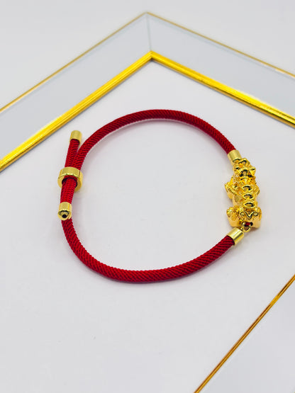 18K Gold Lucky Piyao/ Pi Xiu  Bracelet Red String( Hollow Empty Inside) Extra Large