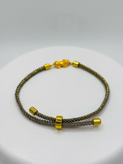 18K Gold Lucky Piyao/ Pi Xiu Gold/Gray String Bracelet ( Hollow Empty Inside) Small