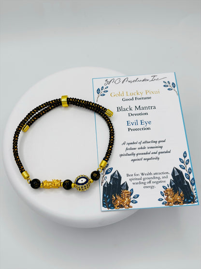 18K Gold Lucky Piyao/ Pi Xiu Evil Eye Black Mantra String Bracelet ( Hollow Empty Inside) Small