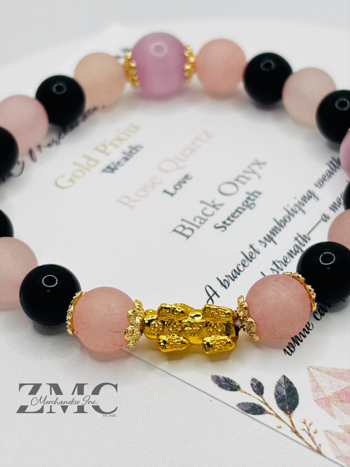 18K Gold Lucky Piyao/ Pi Xiu  Rose Quartz, Onyx Bracelet ( Hollow Empty Inside) Small