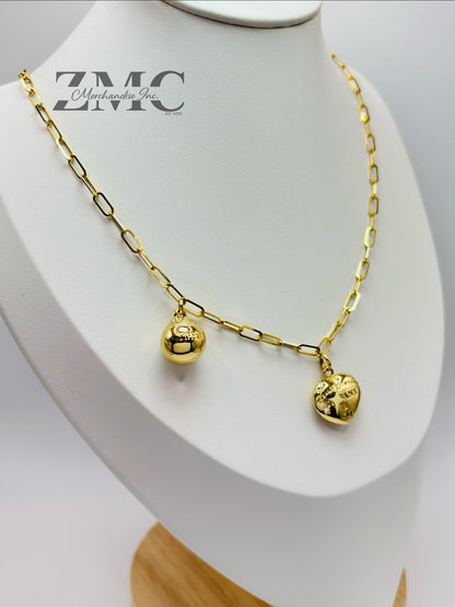 18K Gold Paperclip with Heart and Ball Charm Necklace