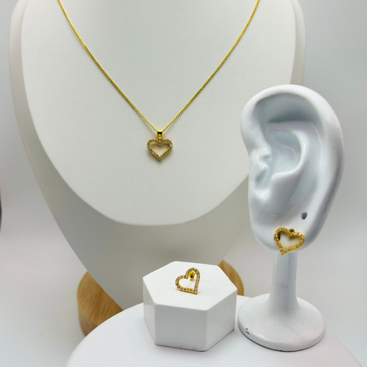 18K Gold Heart Necklace and Earrings Set