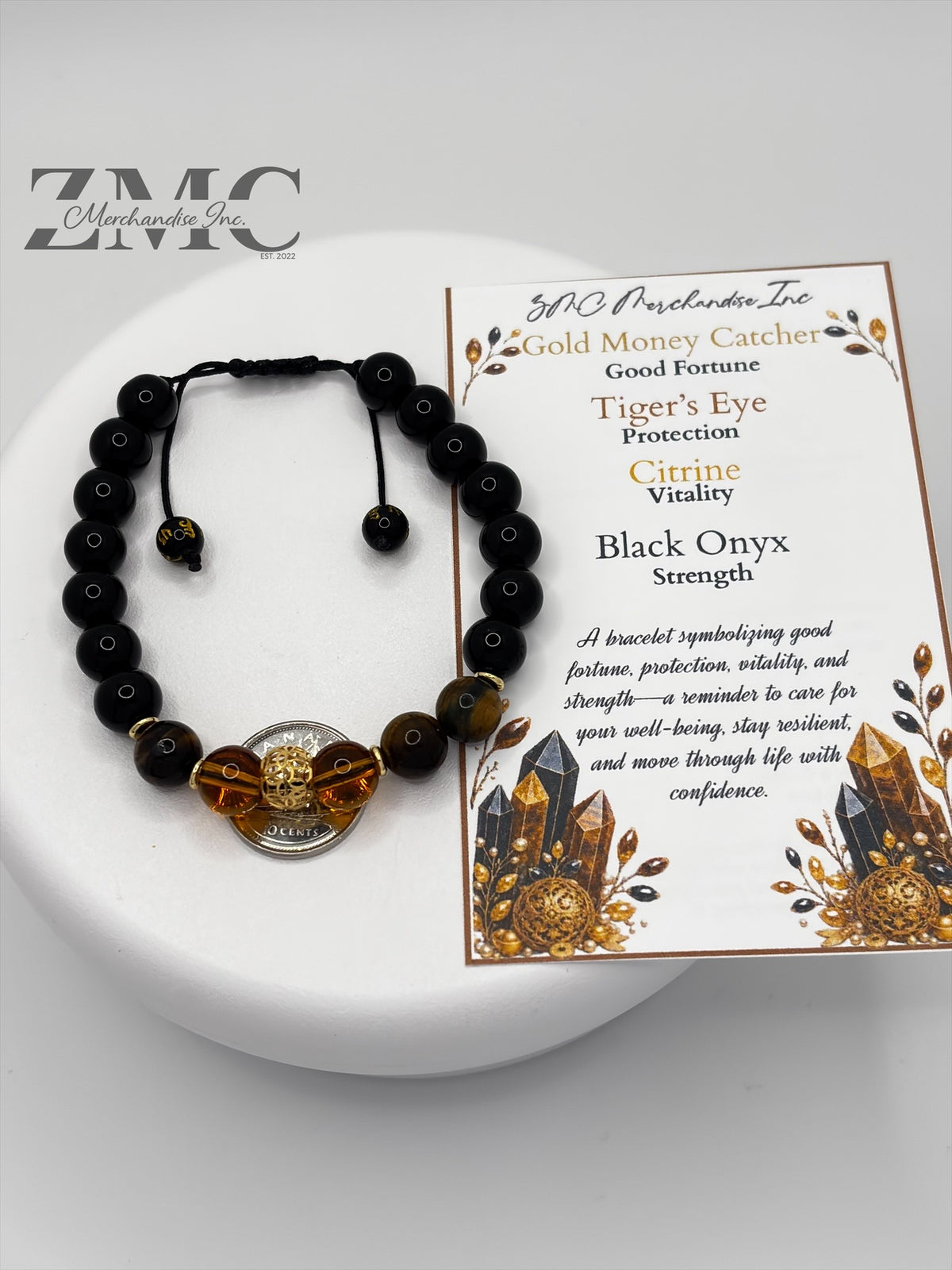 18K Gold  Lucky Money Catcher Ball Citrine, Tiger Eye, Onyx Bracelet  ( Hollow Empty Inside)