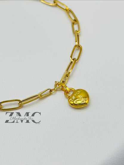 18K Gold Paperclip with Heart Charm Bracelet