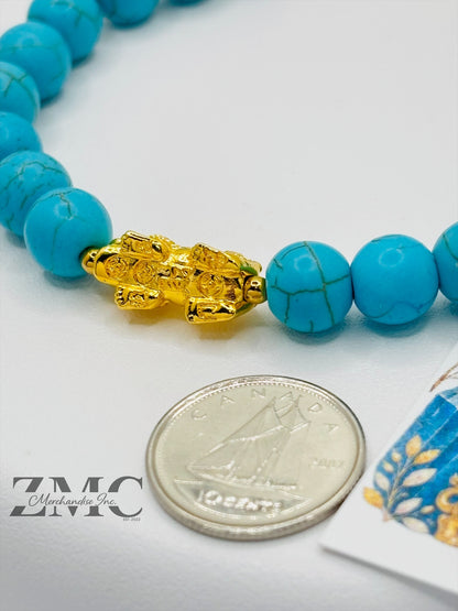 18K Gold Lucky Piyao/ Pi Xiu Blue Turquoise Bracelet ( Hollow Empty Inside) Medium