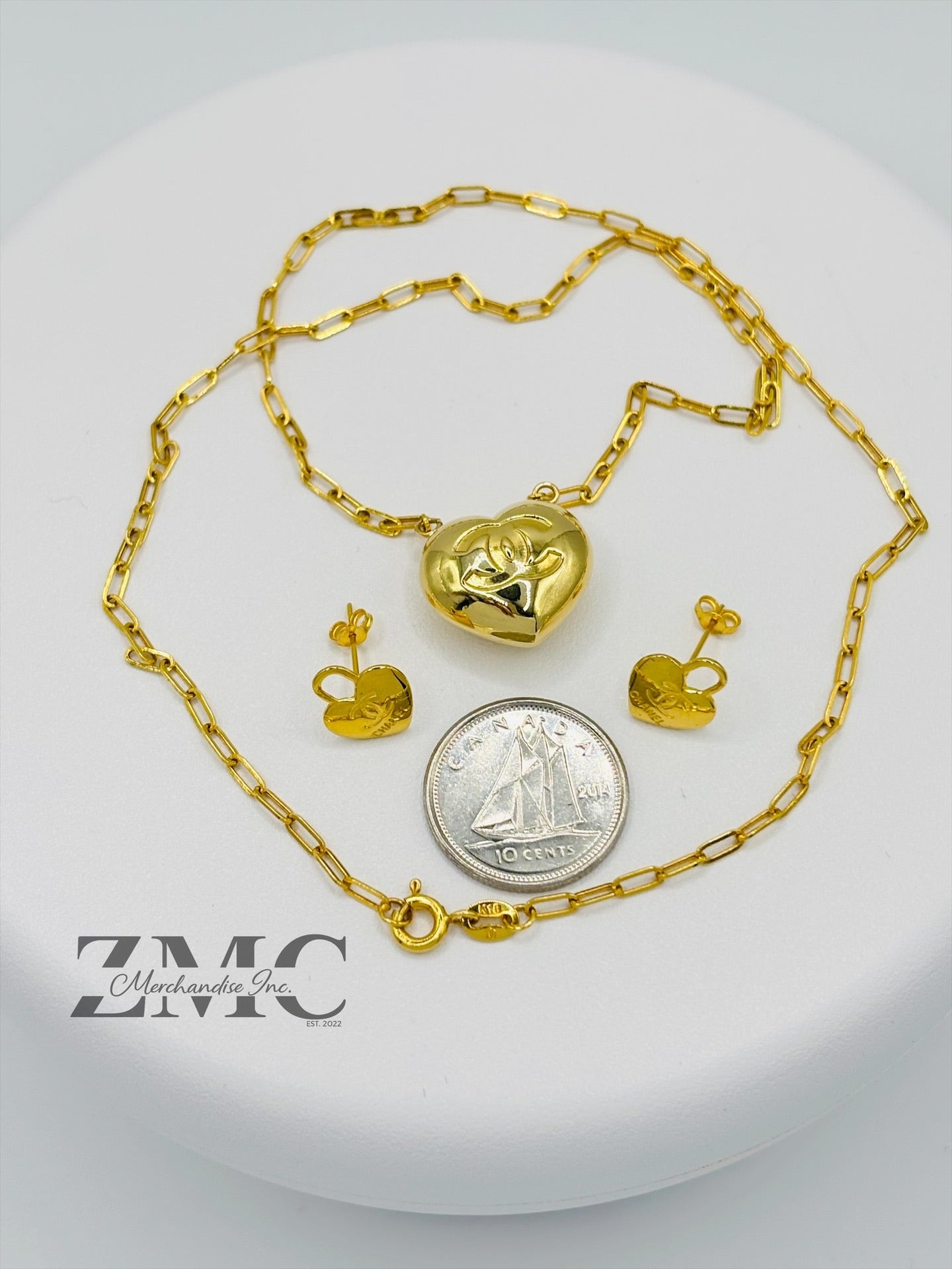 18K Gold Paperclip C Heart Earrings and Necklace Set