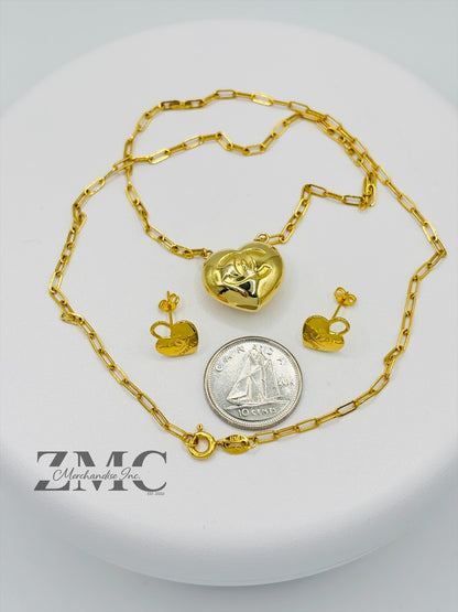18K Gold Paperclip C Heart Earrings and Necklace Set