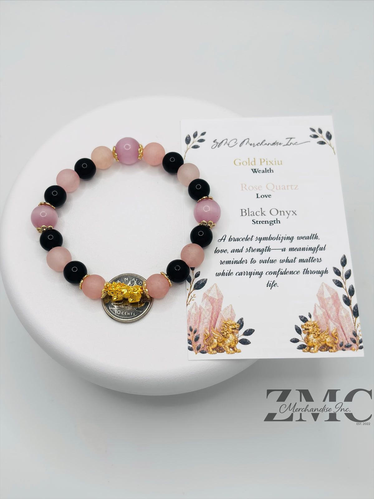 18K Gold Lucky Piyao/ Pi Xiu  Rose Quartz, Onyx Bracelet ( Hollow Empty Inside) Small