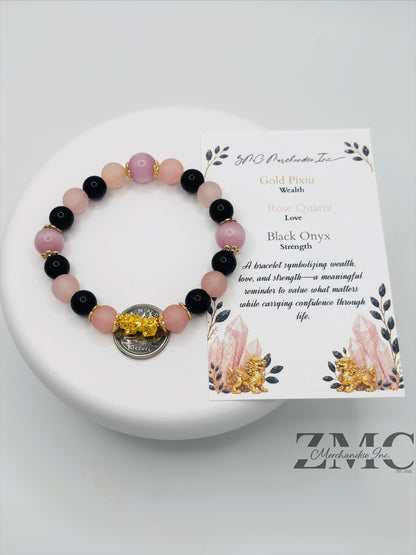 18K Gold Lucky Piyao/ Pi Xiu  Rose Quartz, Onyx Bracelet ( Hollow Empty Inside) Small