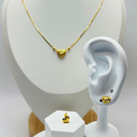 K18 Japan Gold Heart Attached Necklace and 18K Gold Earrings Set